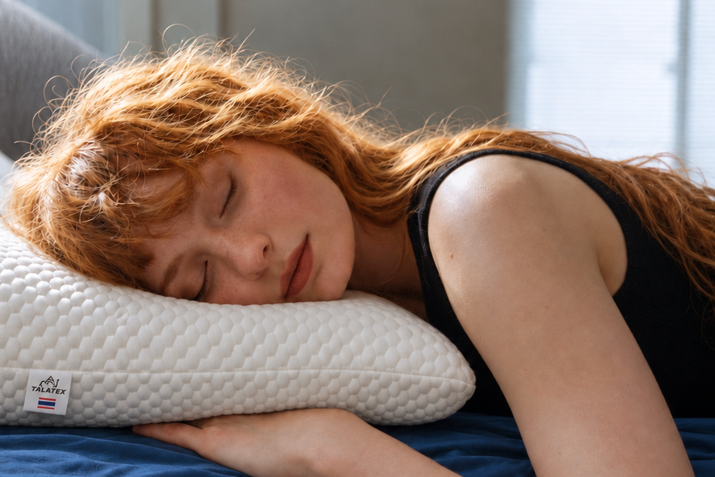 Woman sleeping on a Talatex latex neck pillow