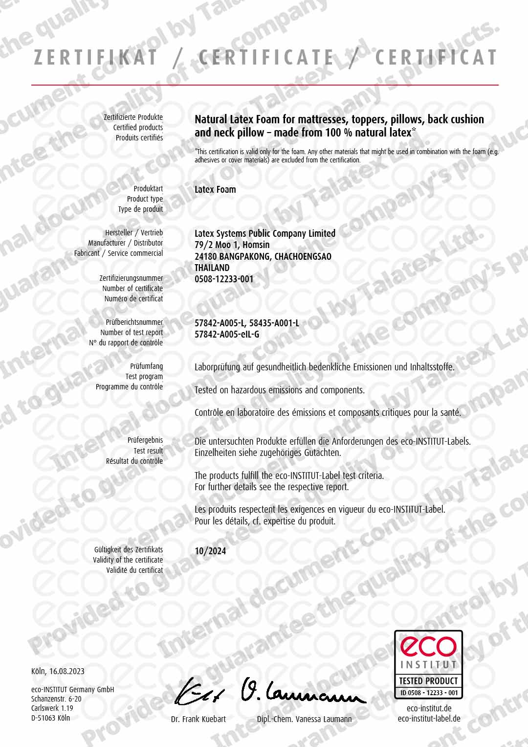 Our Product Certification ECO INSTITUT